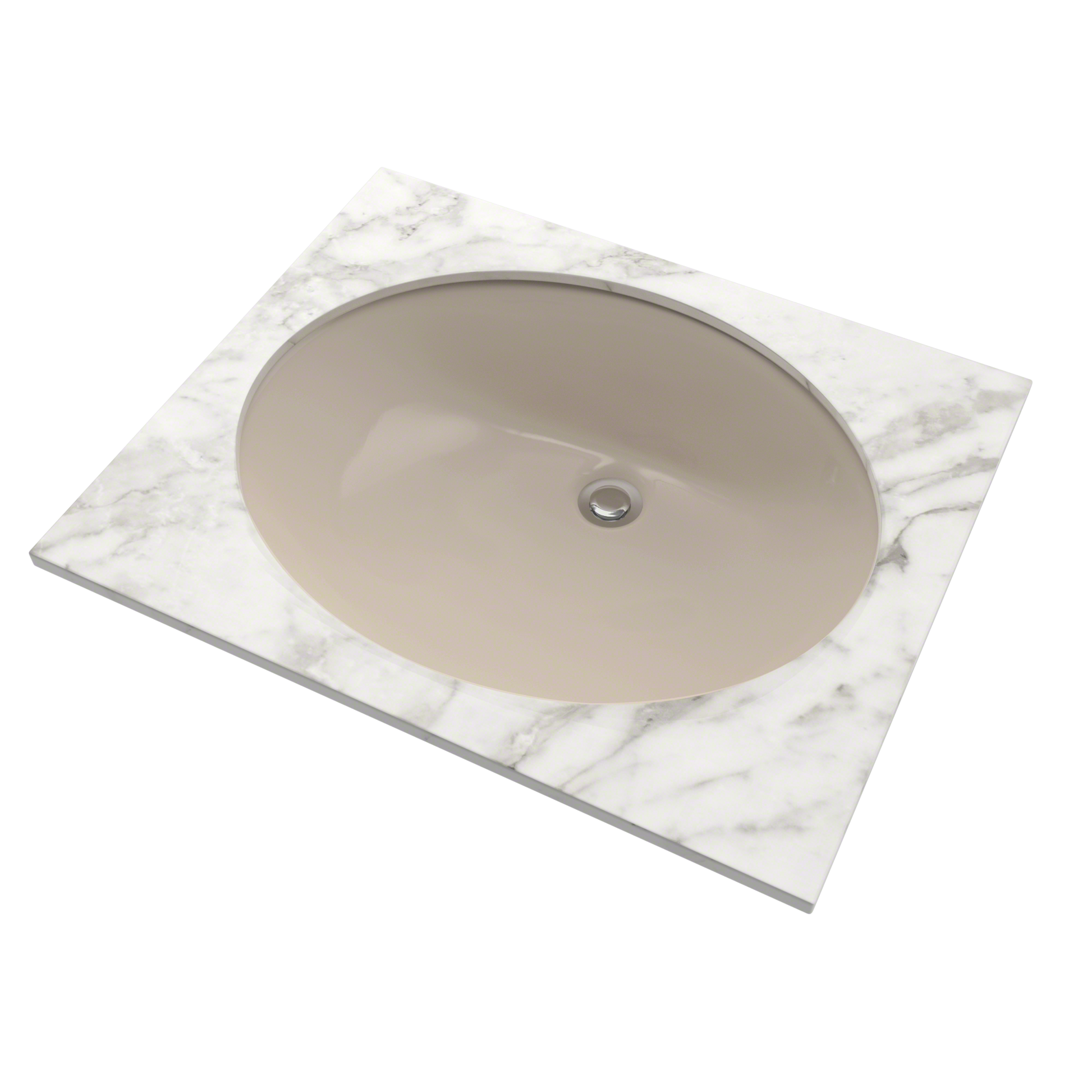 Bone-colored oval undermount sink with single drain hole, set in white marble countertop.