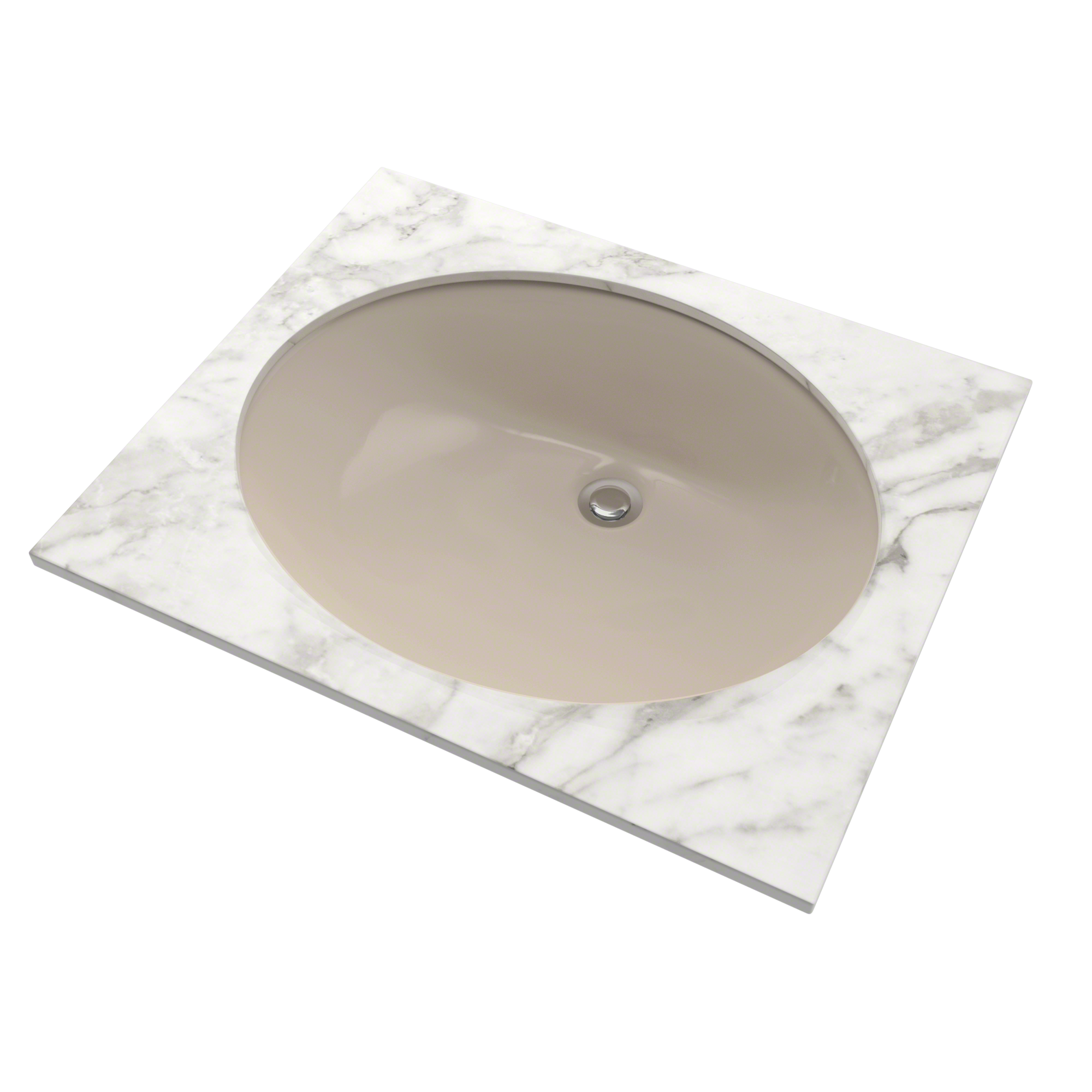 Bone-colored oval undermount sink with single drain hole, set in white marble countertop.