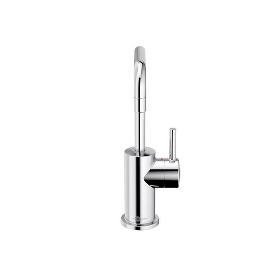 Polished stainless steel instant hot water dispenser with tall cylindrical body, single lever handle, and rounded spout.