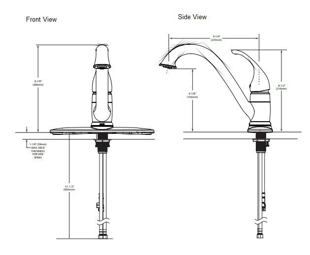 Chrome single-handle kitchen faucet with curved spout and wide base, shown in front and side technical views with dimensions.