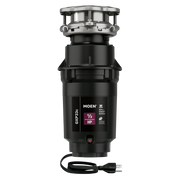 Moen GXP33C garbage disposal with stainless steel sink flange and black motor housing, 1/3 HP, includes power cord.