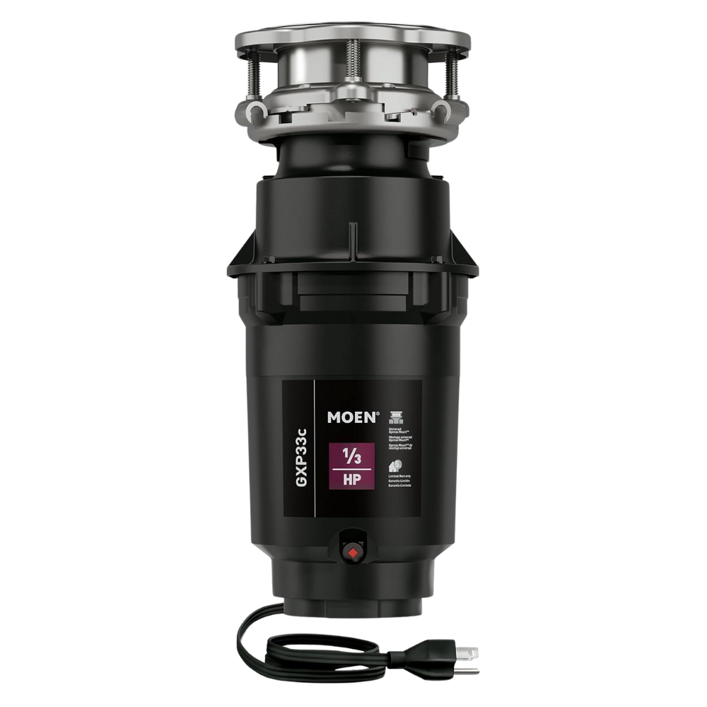 Moen GXP33C garbage disposal with stainless steel sink flange and black motor housing, 1/3 HP, includes power cord.
