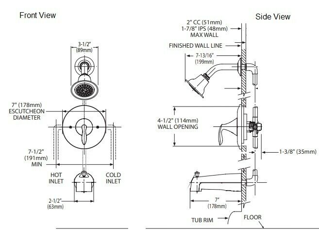 Chrome single-handle shower trim kit with circular escutcheon, showerhead, and tub spout shown in front and side technical vi