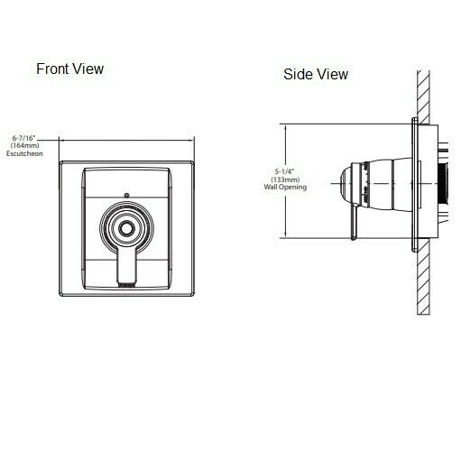 Brushed nickel valve trim with single lever handle shown in front and side view technical drawings with dimensions.