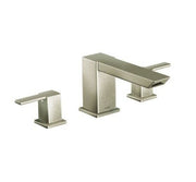 Brushed nickel three-piece roman tub faucet trim with angular spout and two lever handles.