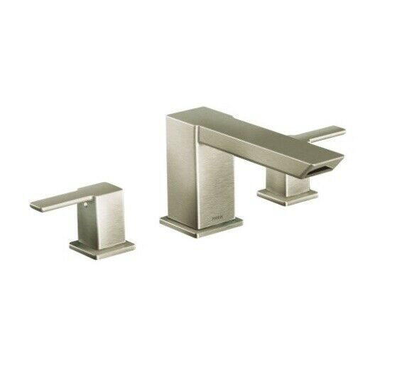 Brushed nickel three-piece roman tub faucet trim with angular spout and two lever handles.