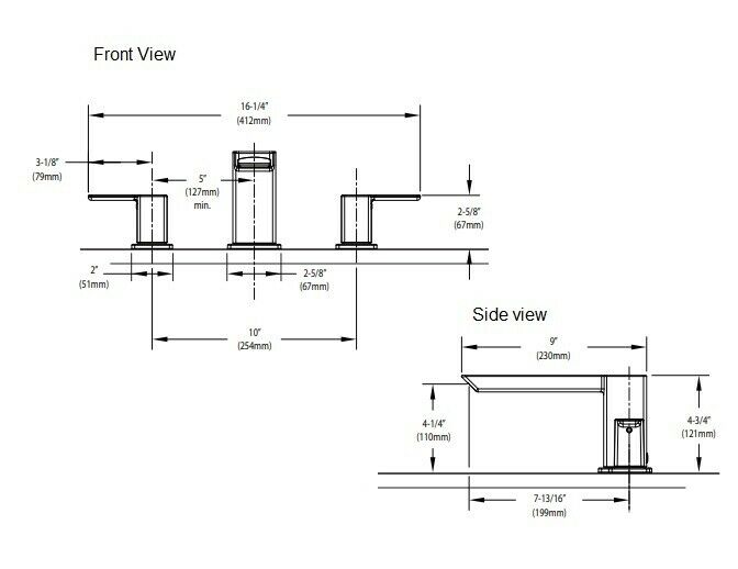 Brushed nickel roman tub faucet trim with angular design, shown in front and side technical drawings with dimensions.