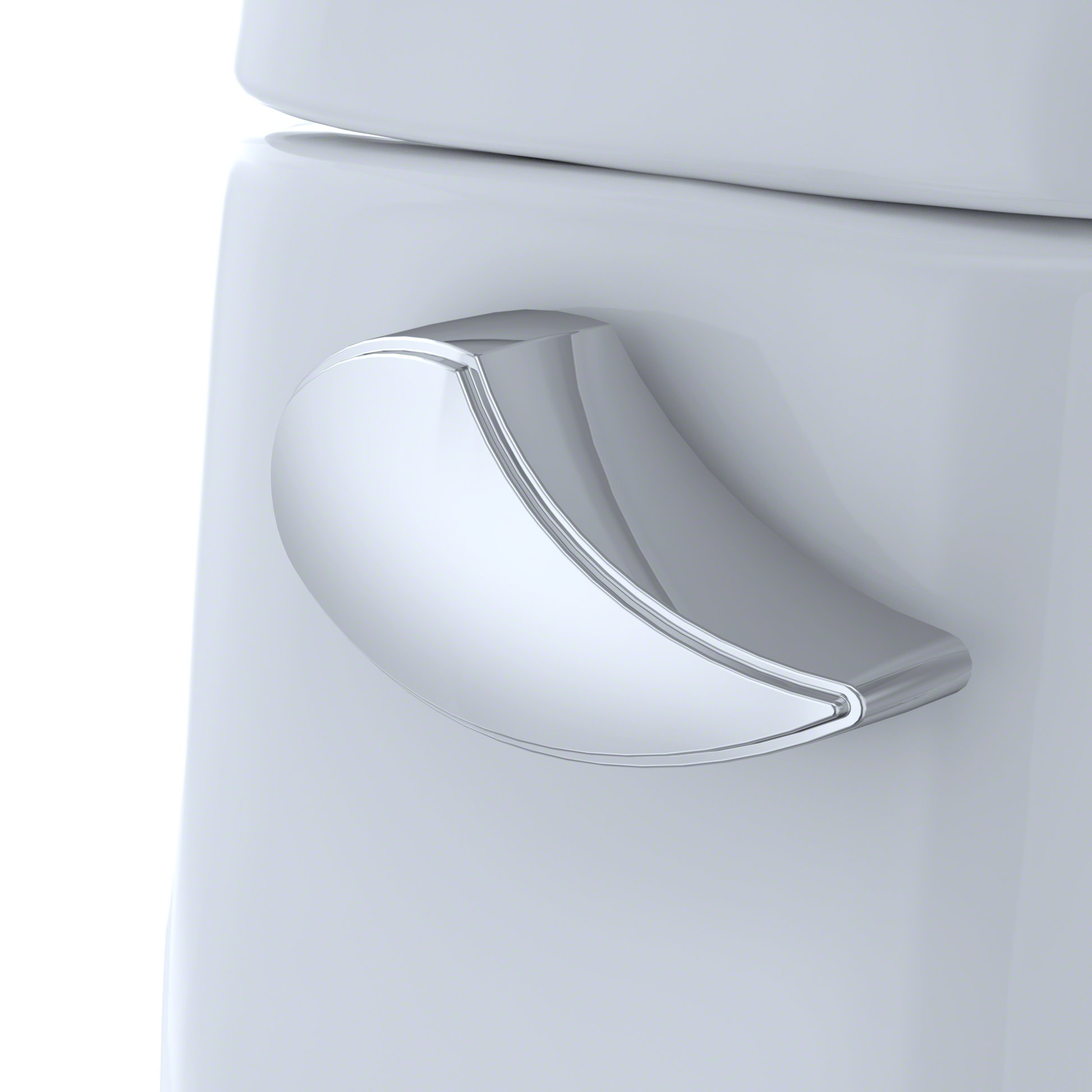 White elongated toilet with soft-close seat and chrome handle on tank.