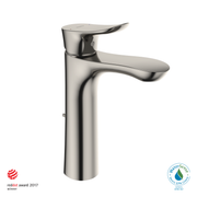 Polished nickel single-handle bathroom faucet with curved spout and tall cylindrical base.