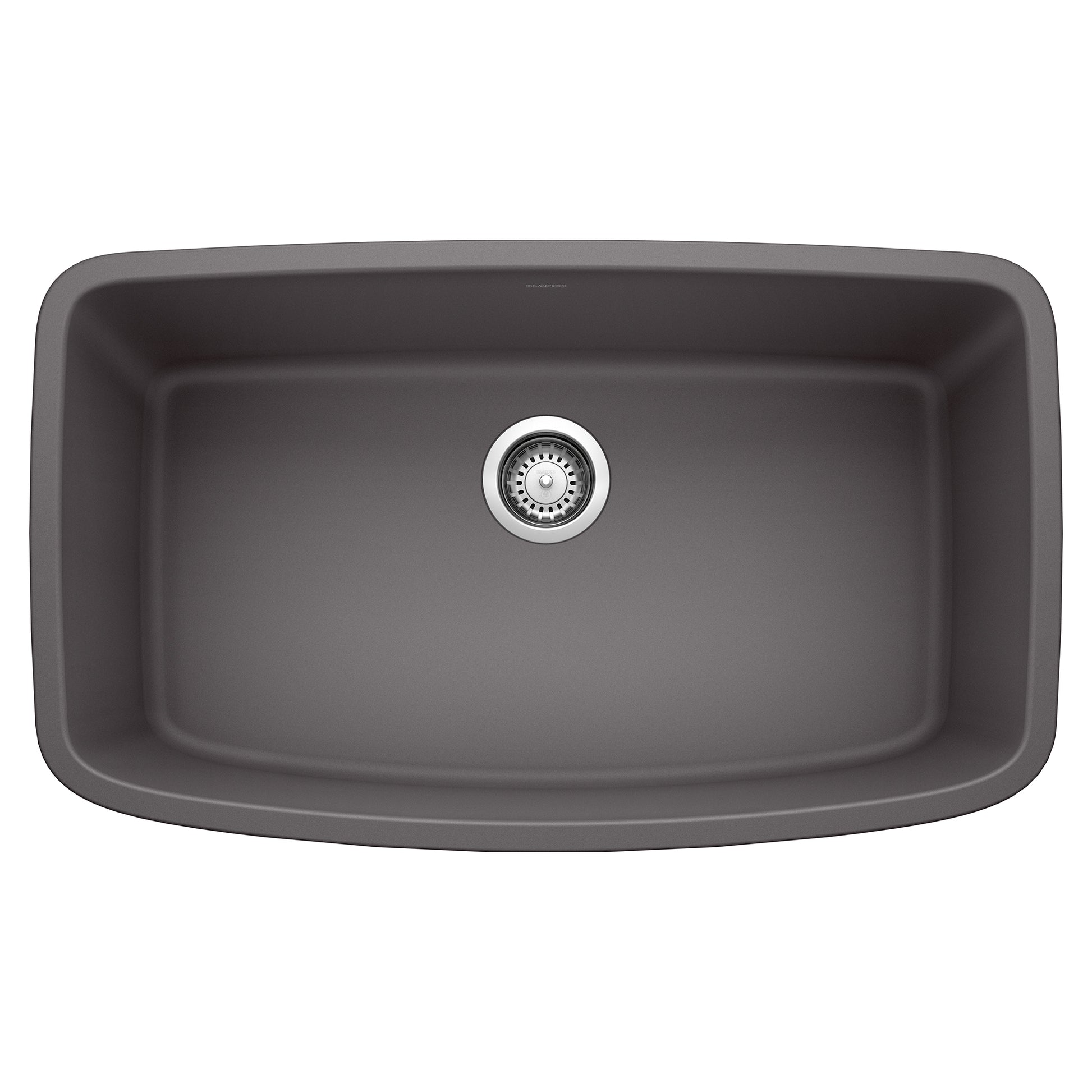 Cinder-colored undermount kitchen sink with single basin and chrome drain strainer.