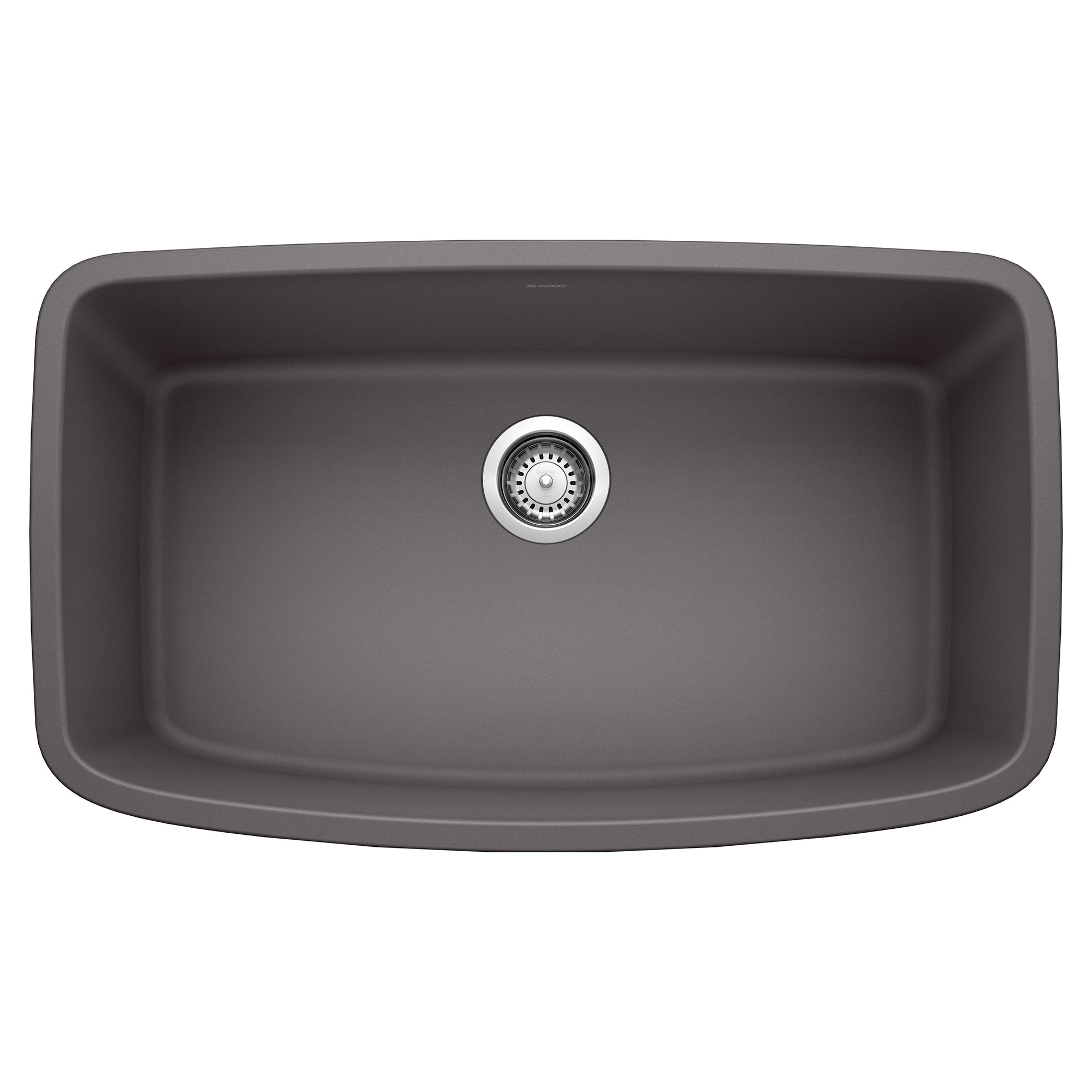 Cinder-colored undermount kitchen sink with single basin and chrome drain strainer.