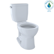 Cotton white two-piece round toilet with tank and bowl, lever handle on left side, without seat.