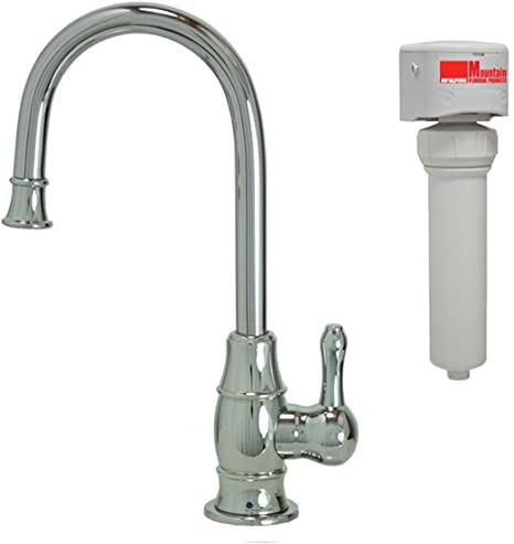 Polished chrome point-of-use drinking faucet with curved spout and separate water filter cartridge unit.