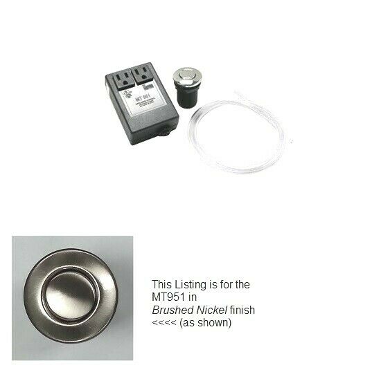 Brushed nickel round air switch for waste disposer with control unit and tubing.
