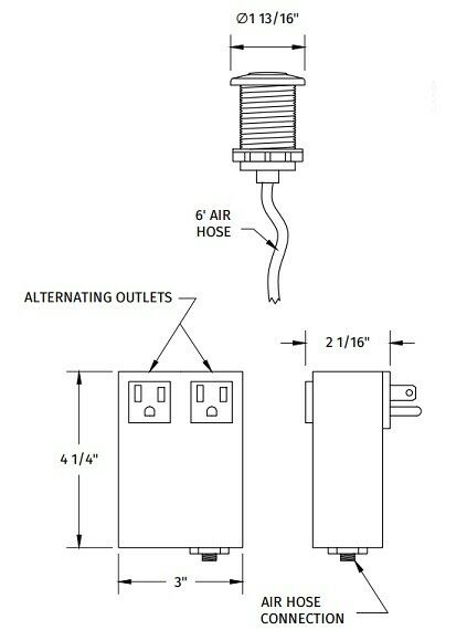 Brushed nickel round air switch for waste disposer with 6-foot hose, control box with dual outlets, and specifications labele