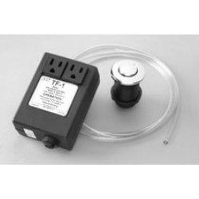 Brushed nickel round air switch with clear dome cover and black control box unit for waste disposer installation.