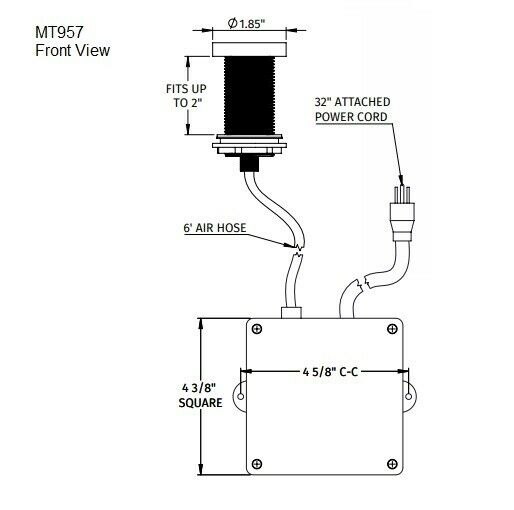 Chrome air switch for waste disposer with 1.85" diameter button, 6' air hose, and 32" power cord.