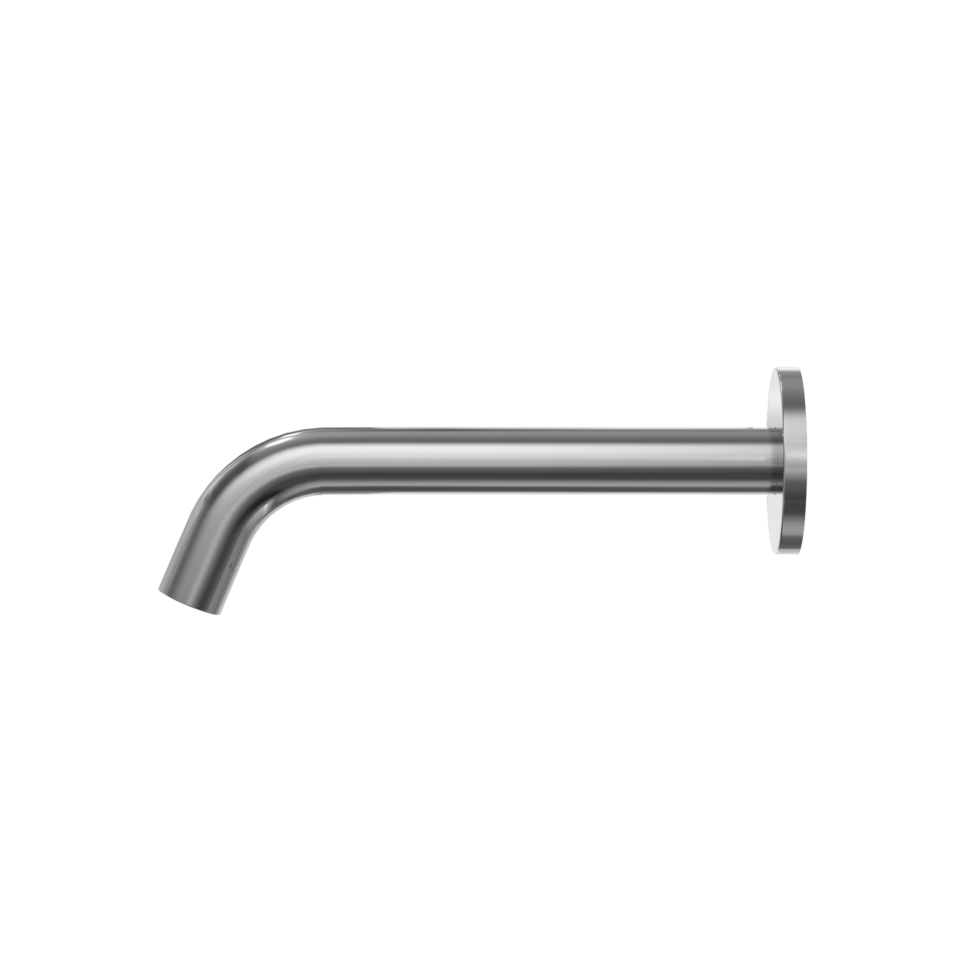 Polished chrome wall-mounted bathroom faucet spout with curved design and circular flange mounting plate.