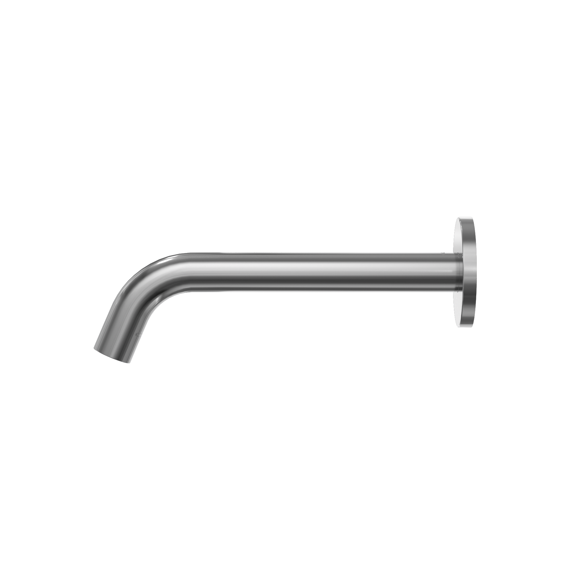 Polished chrome wall-mounted touchless bathroom faucet spout with curved design and sensor pad.