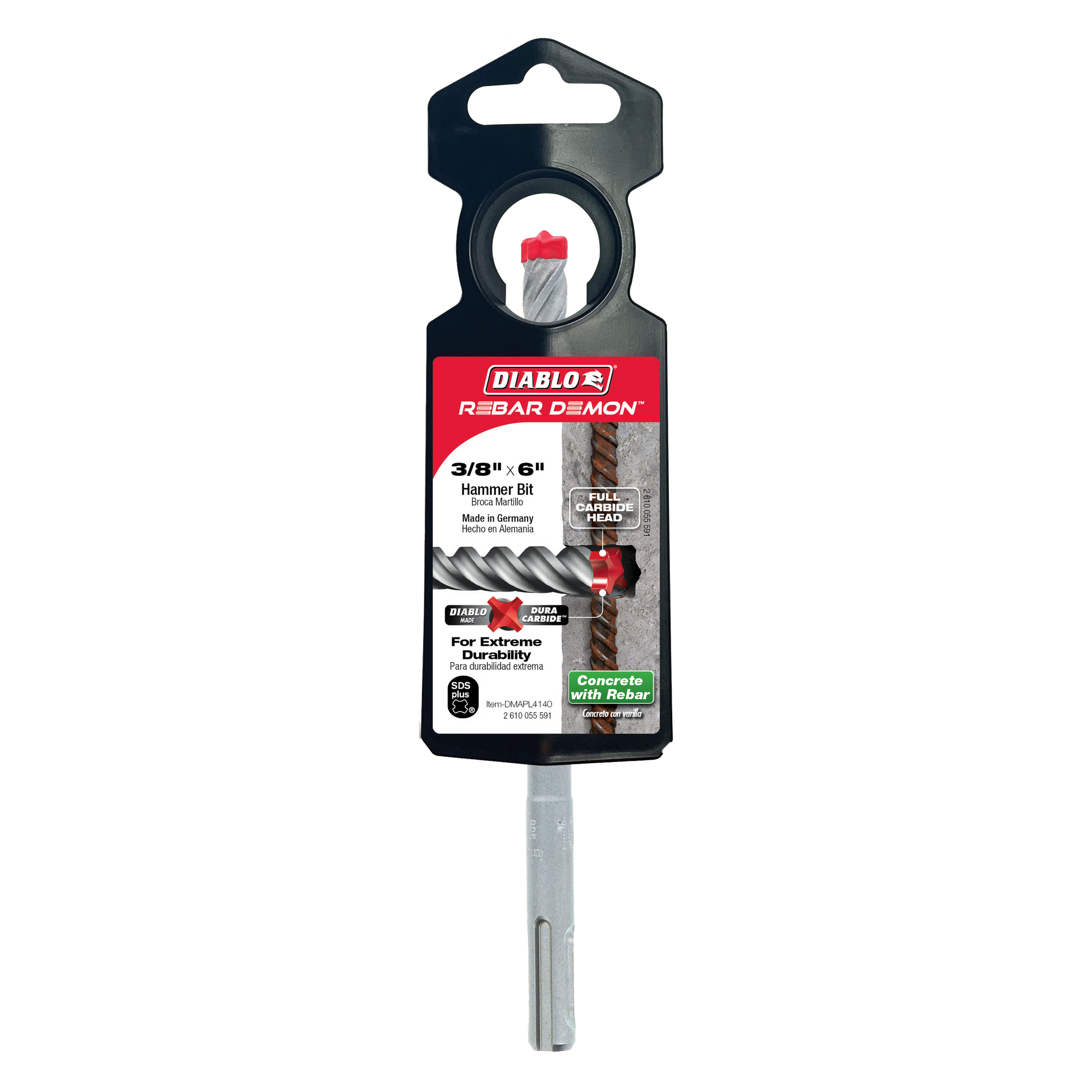 Diablo Rebar Demon 3/8" x 6" SDS-Plus hammer drill bit with carbide head in black packaging.