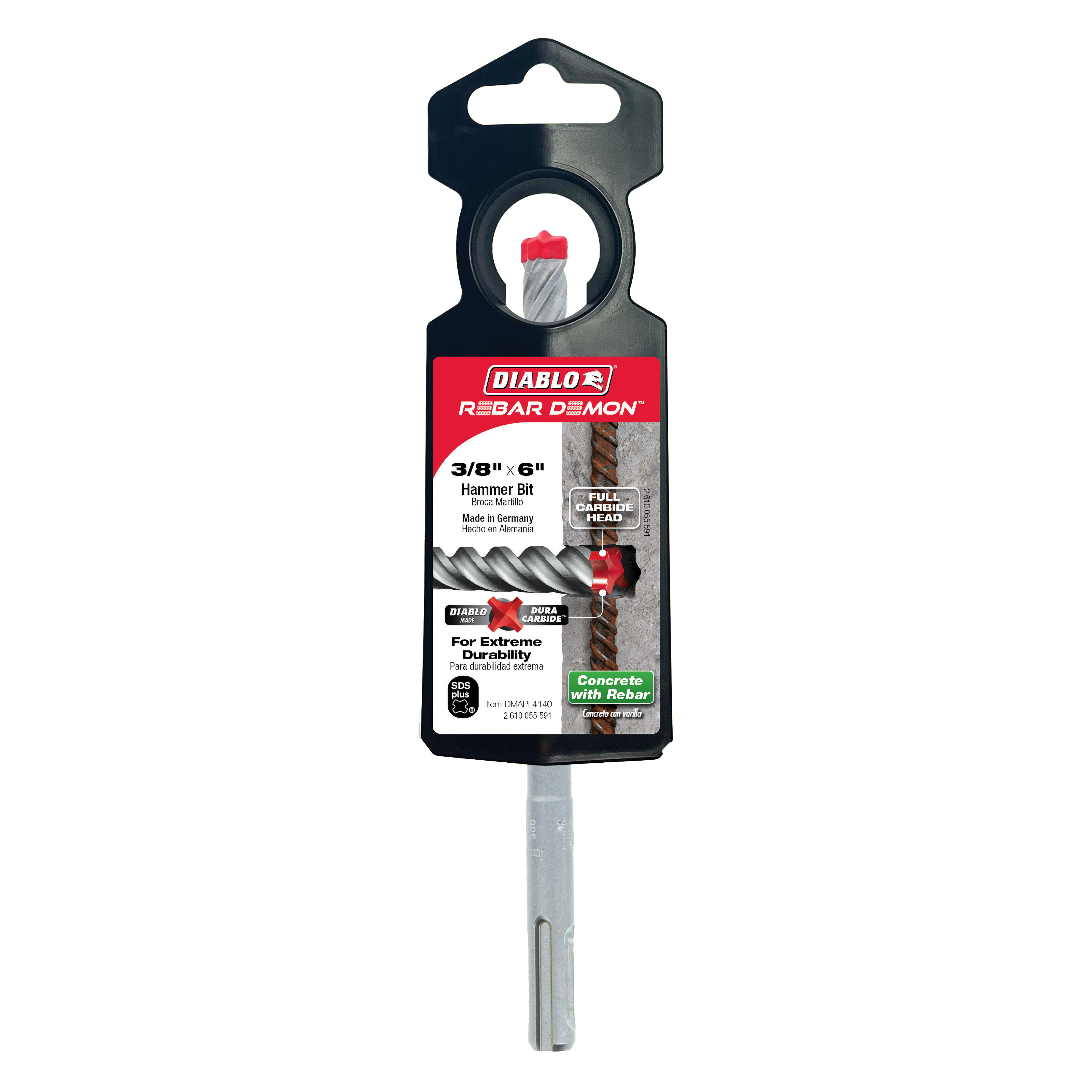 Diablo Rebar Demon 3/8" x 6" SDS-Plus hammer drill bit with carbide head in black packaging.
