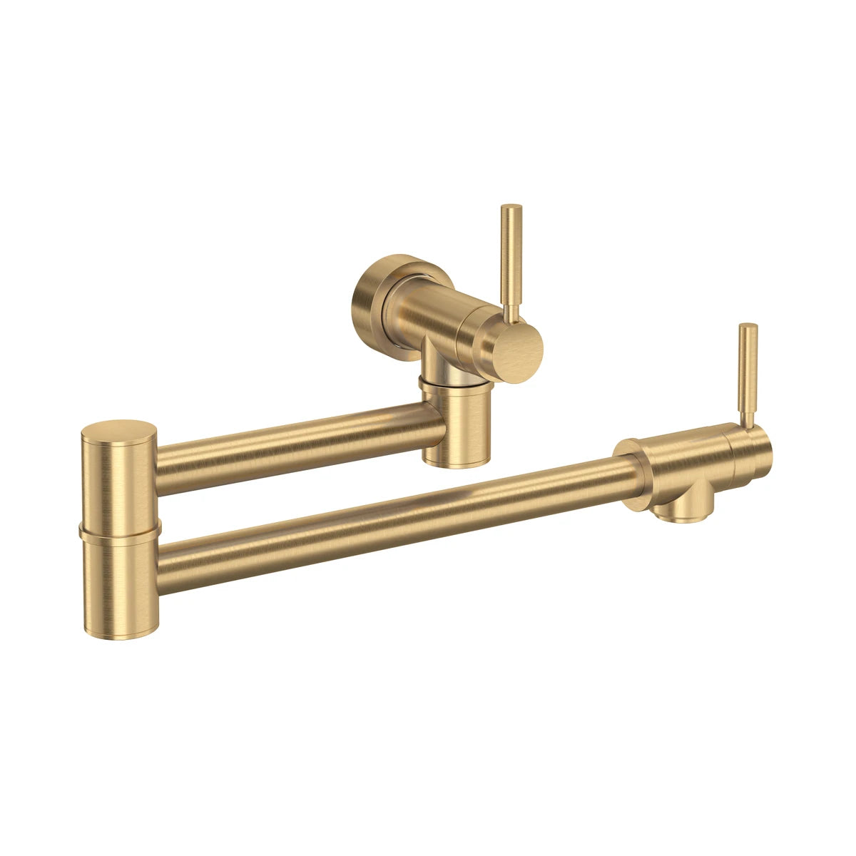 Satin gold wall-mounted pot filler faucet with dual articulating arms and lever handle.