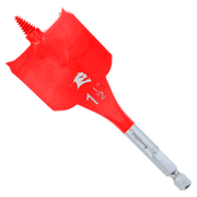 Red spade bit with flat blade, Diablo branding, and hex shank for drill attachment.