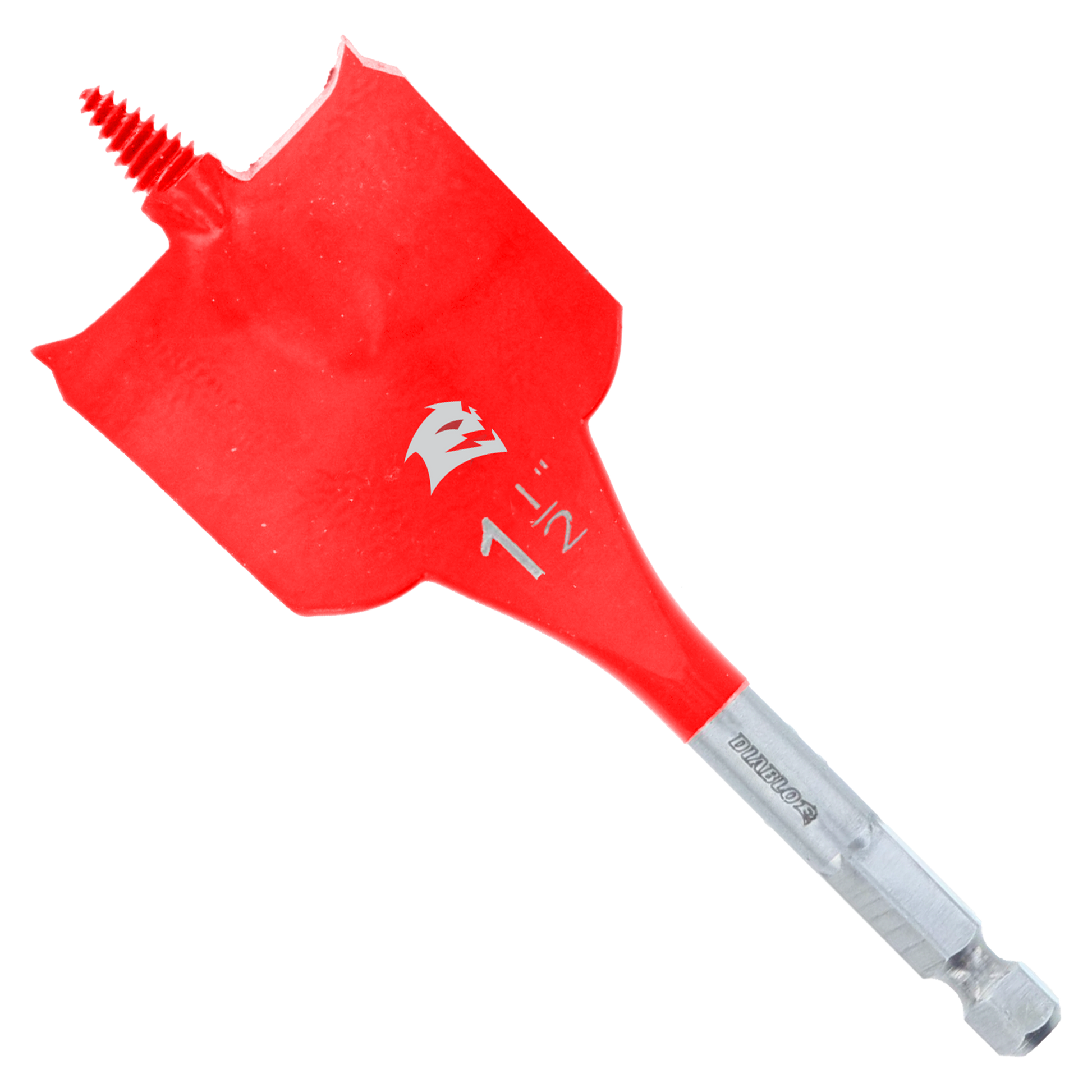 Red spade bit with flat blade, Diablo branding, and hex shank for drill attachment.