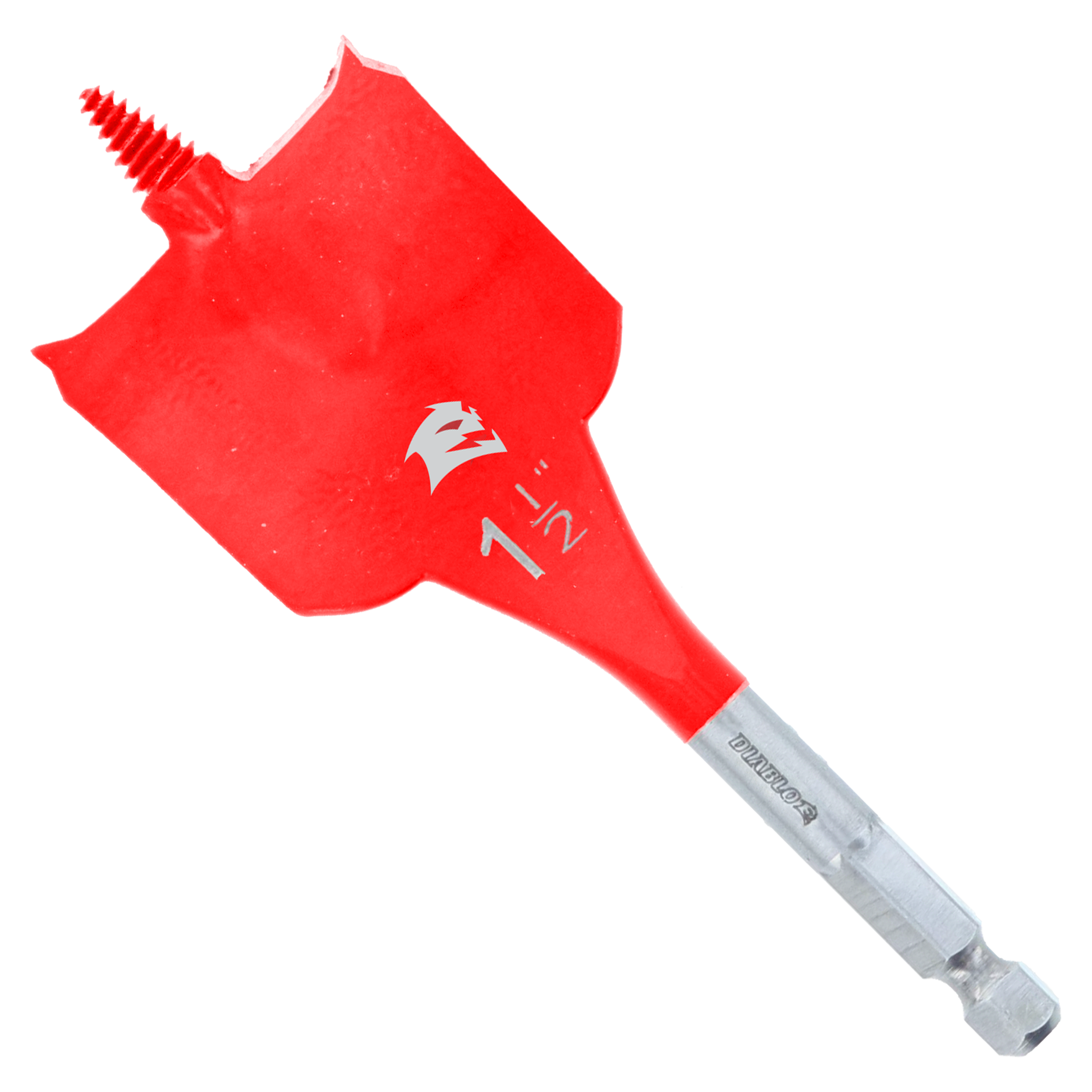 Red spade bit with flat blade, Diablo branding, and hex shank for drill attachment.