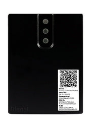 Black rectangular wireless module with three circular buttons on top and QR code label on bottom corner.