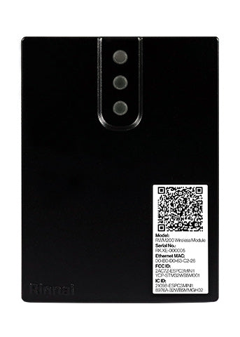 Black rectangular wireless module with three gray buttons and QR code label on back.
