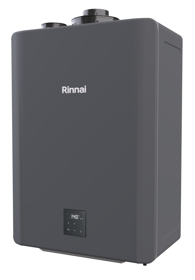 Rinnai gray tankless water heater unit with digital display panel and dual exhaust vents on top.