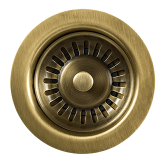 Antique brass-finished 1-1/4" P-trap with traditional style high box flange and circular mounting base.