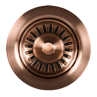 Antique copper P-trap with traditional style high box flange and decorative circular design.