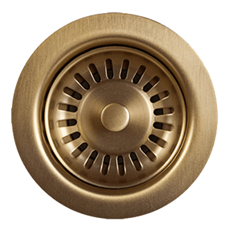 Champagne bronze circular drain strainer with ridged basin and center knob, viewed from above.