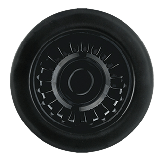 Matte black P-trap with high box flange and traditional style design, viewed from above.