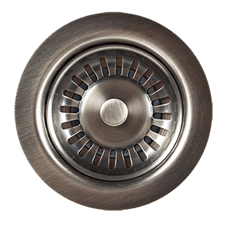 Pewter-finish 1-1/4" P-trap with traditional style high box flange and ribbed design.