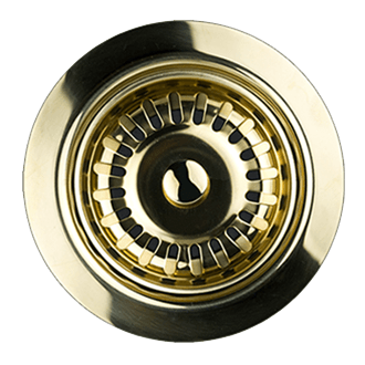 Polished brass P-trap with high box flange and traditional curved design, 1-1/4 inch diameter.