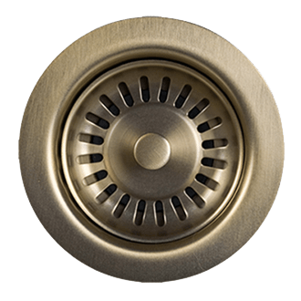 PVD brushed bronze circular sink strainer with center post and radial slots.