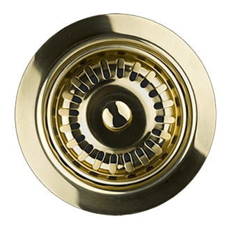 Satin brass P-trap with traditional style high box flange and 1-1/4" connection, viewed from above.