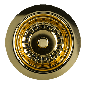 Satin gold finish 1-1/4" P-trap with traditional style high box flange and decorative circular detail.