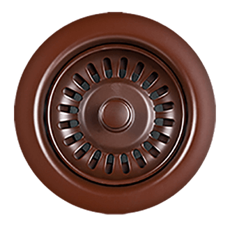 Weathered copper finish round drain tailpiece with concentric ridged pattern and center opening.
