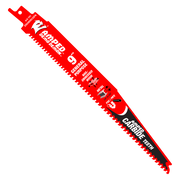 Red and black 9-inch reciprocating saw blade with carbide teeth and Demo Demon branding.