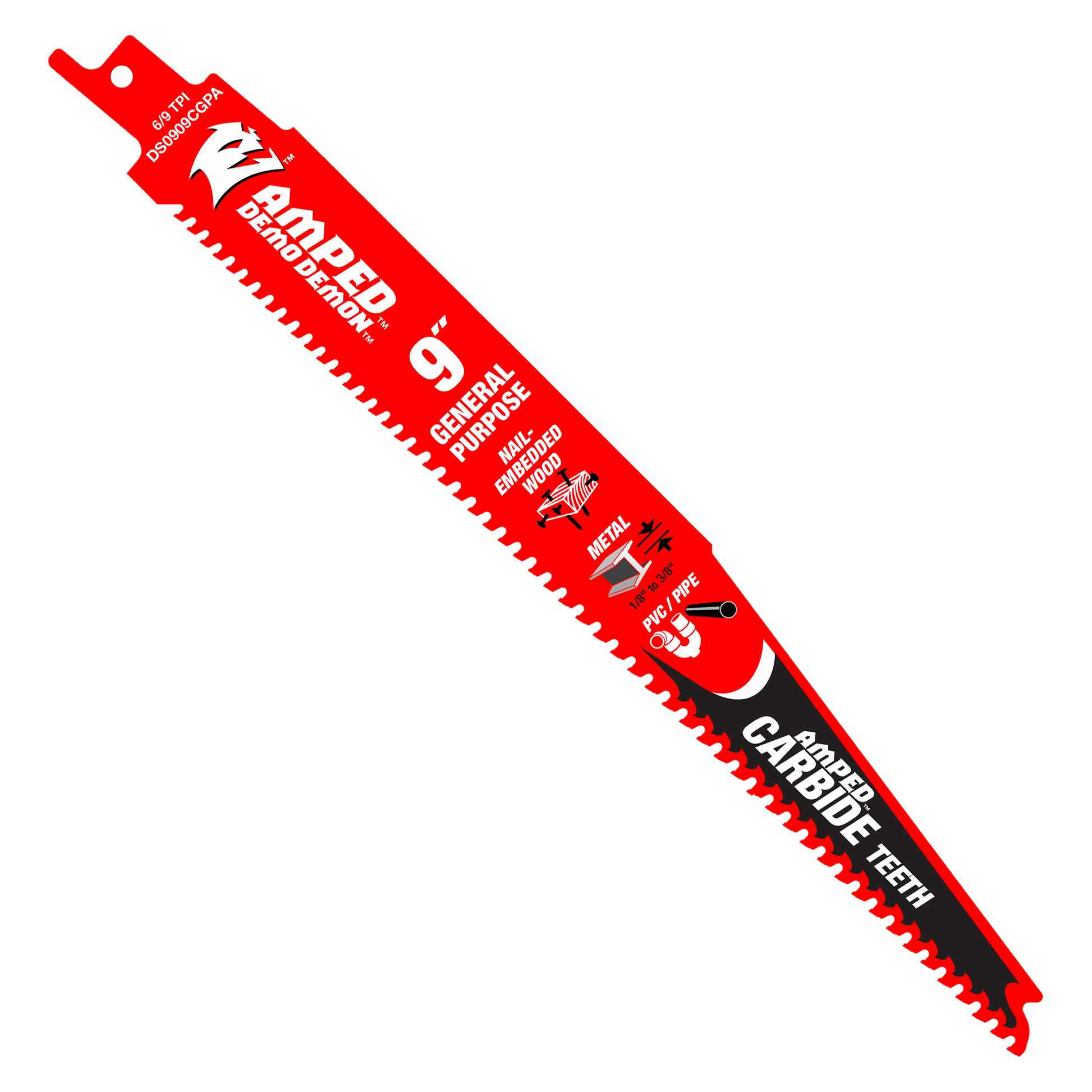 Red and black 9-inch reciprocating saw blade with carbide teeth and Demo Demon branding.