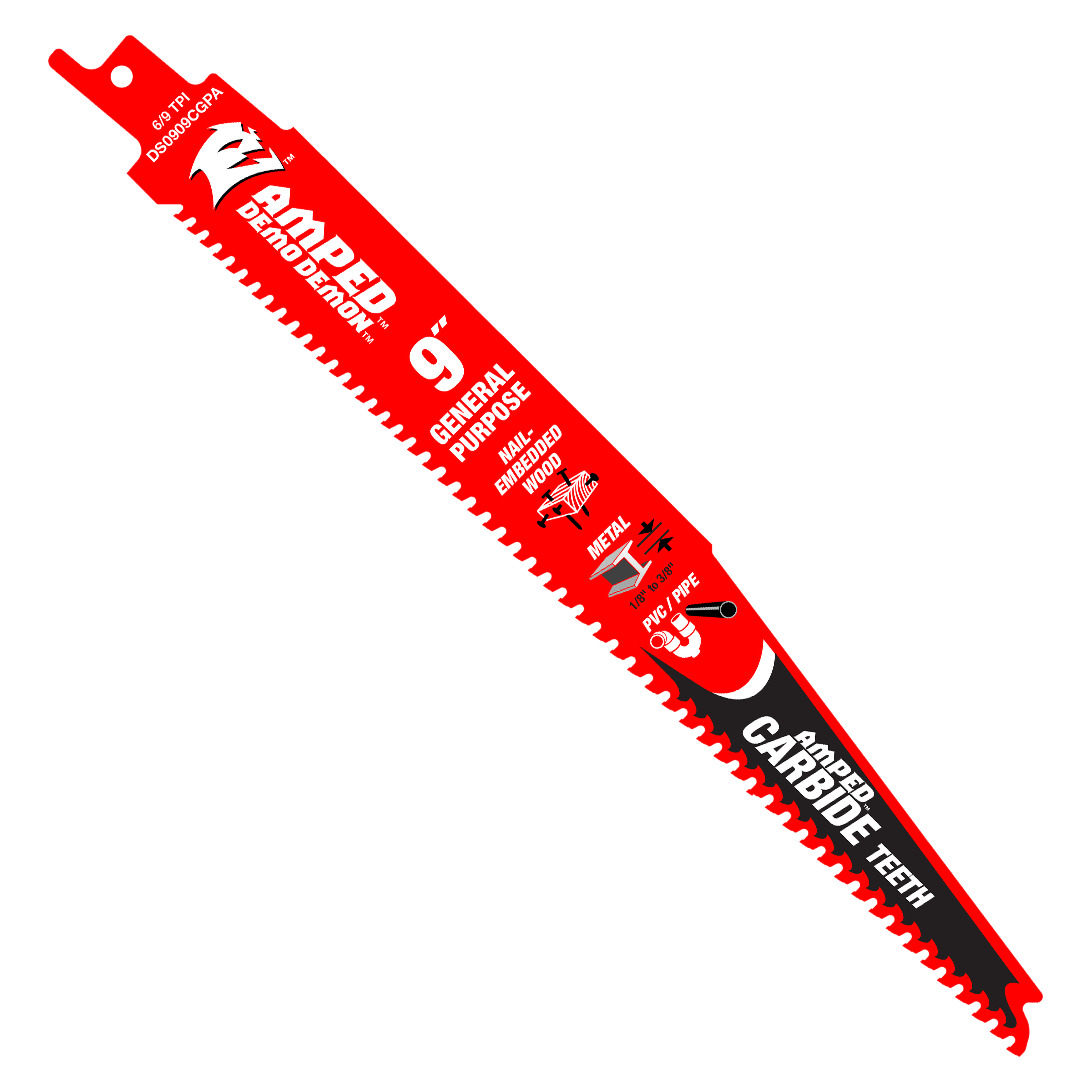 Red and black Diablo 9-inch reciprocating saw blade with carbide teeth and mounting hole at top.