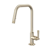 Satin nickel pull-down kitchen faucet with U-shaped spout and single lever handle.
