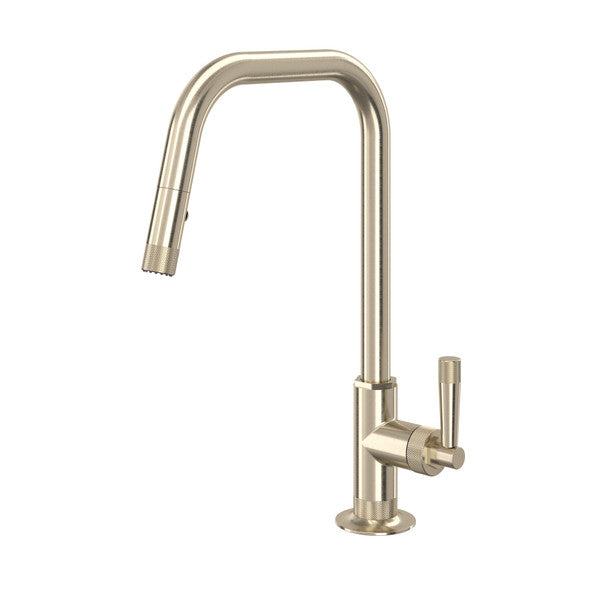 Satin nickel pull-down kitchen faucet with U-shaped spout and single lever handle.