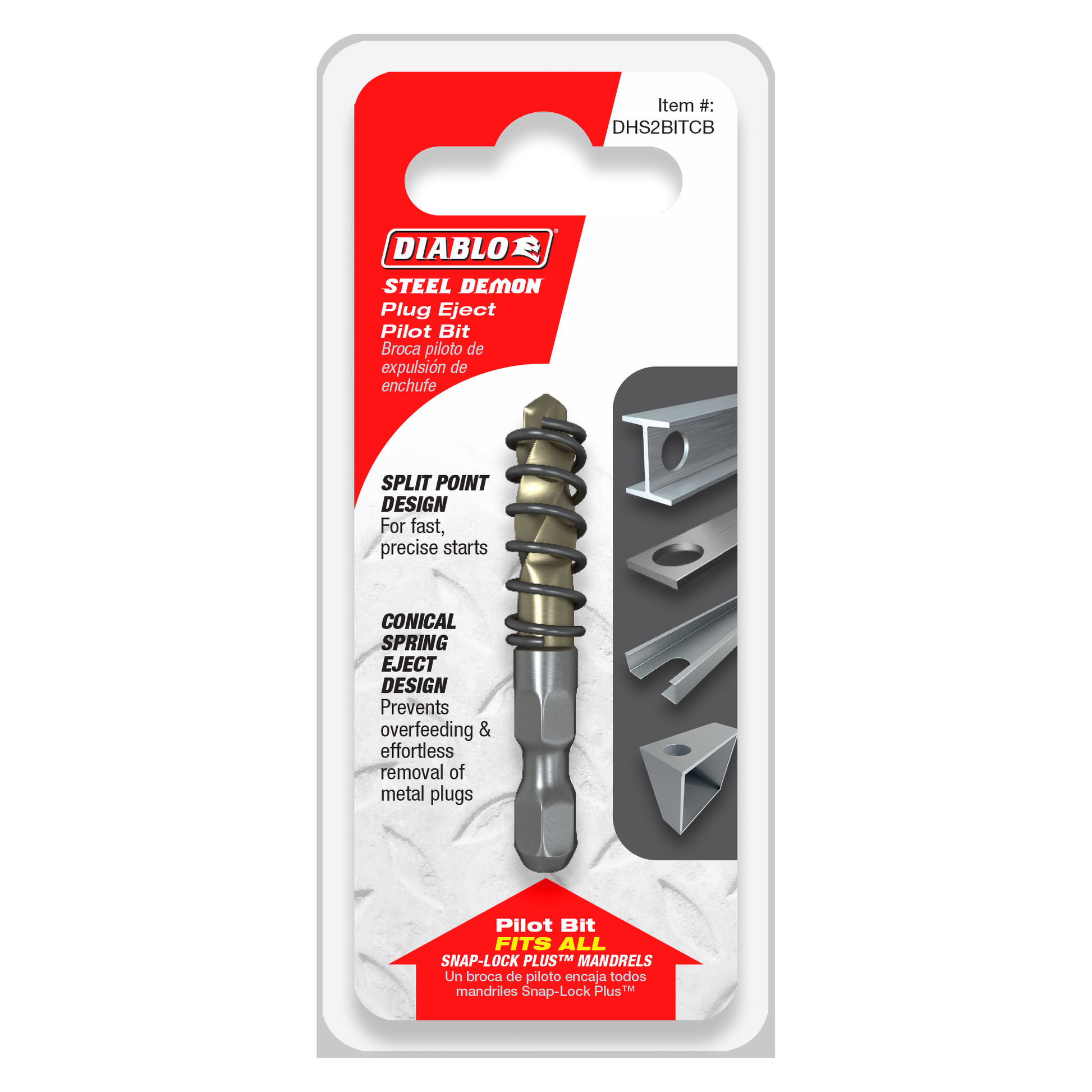 Diablo Steel Demon carbide pilot bit with split point design and coiled spring eject mechanism in packaging.