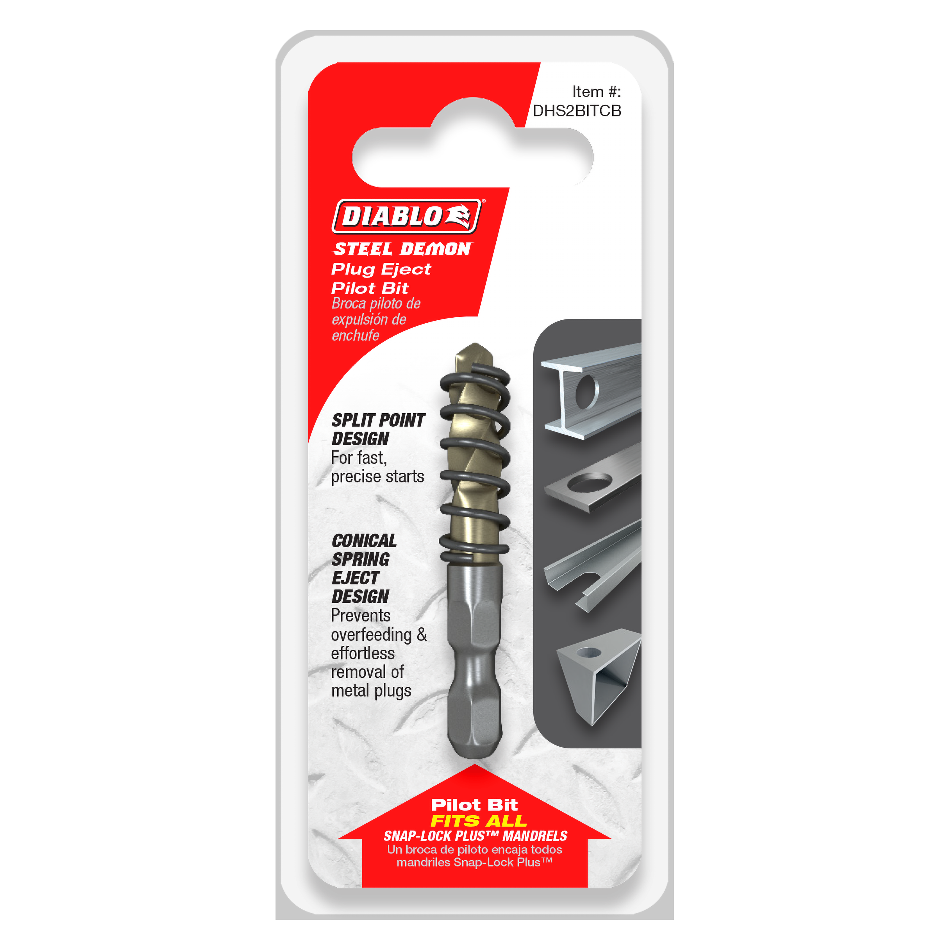 Diablo Steel Demon carbide pilot bit with split point design and coiled spring eject mechanism in packaging.