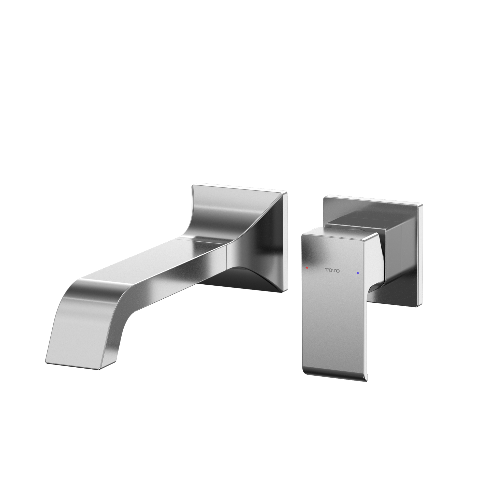 Polished chrome wall-mount bathroom faucet with curved spout and single rectangular handle on square mounting plate.